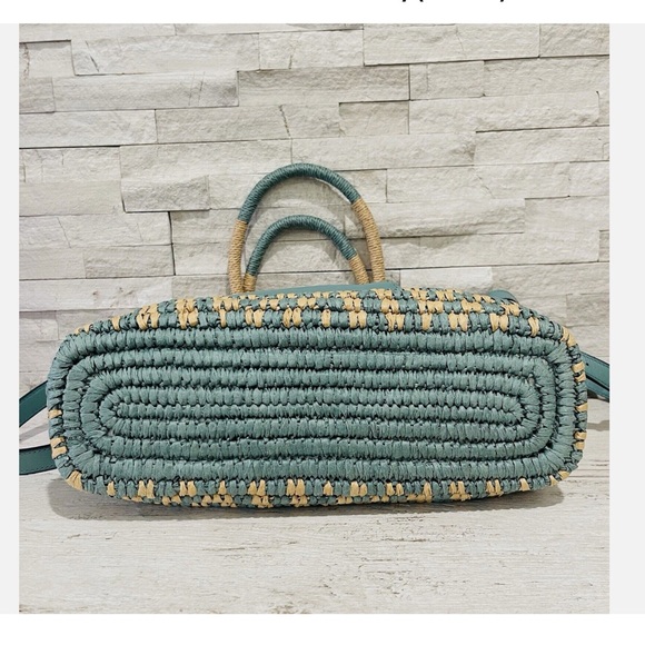 Patricia Nash Leather Turquoise Blue and Tan Straw Woven Tote - Picture 6 of 11